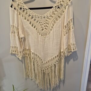 Bohemian Crochet Fringe Top - Cream